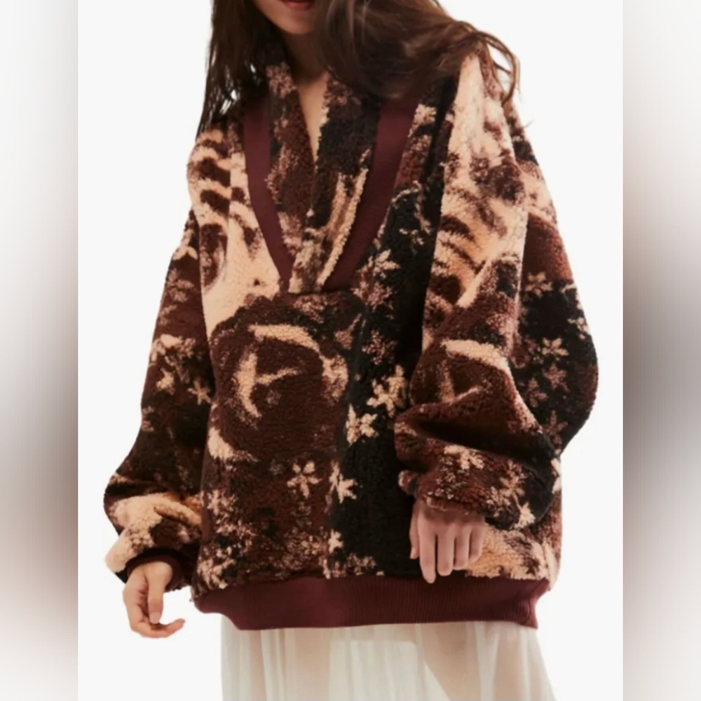 Free People Brown & Cream Floral Patchwork Teddy Pullover